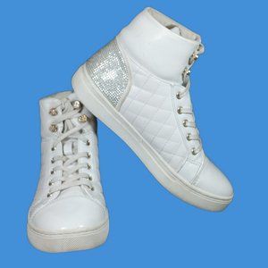 Guess High Top Sneaker Women's Sz 6 White Quilted Athletic Shoe Rhinestone Heelt